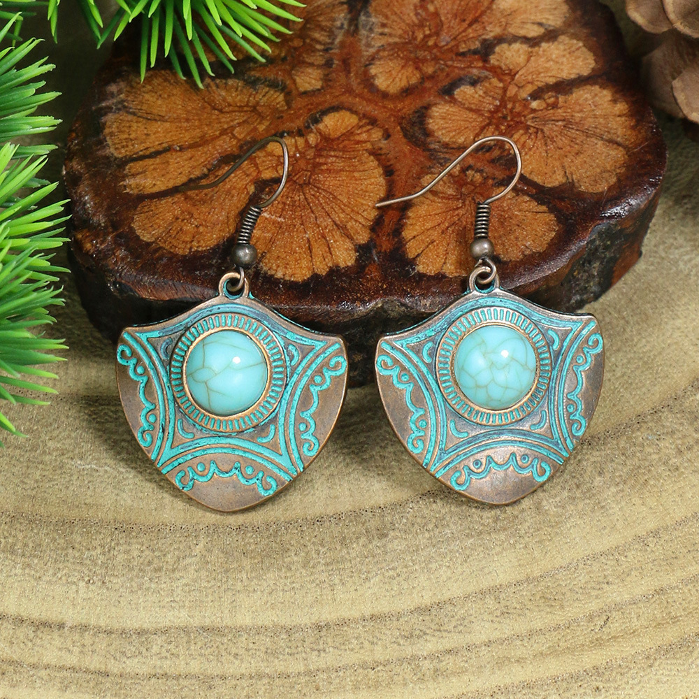 Inlay Design 1 Pair Hip-Hop Retro Leaf Inlay Alloy Turquoise Drop Earrings