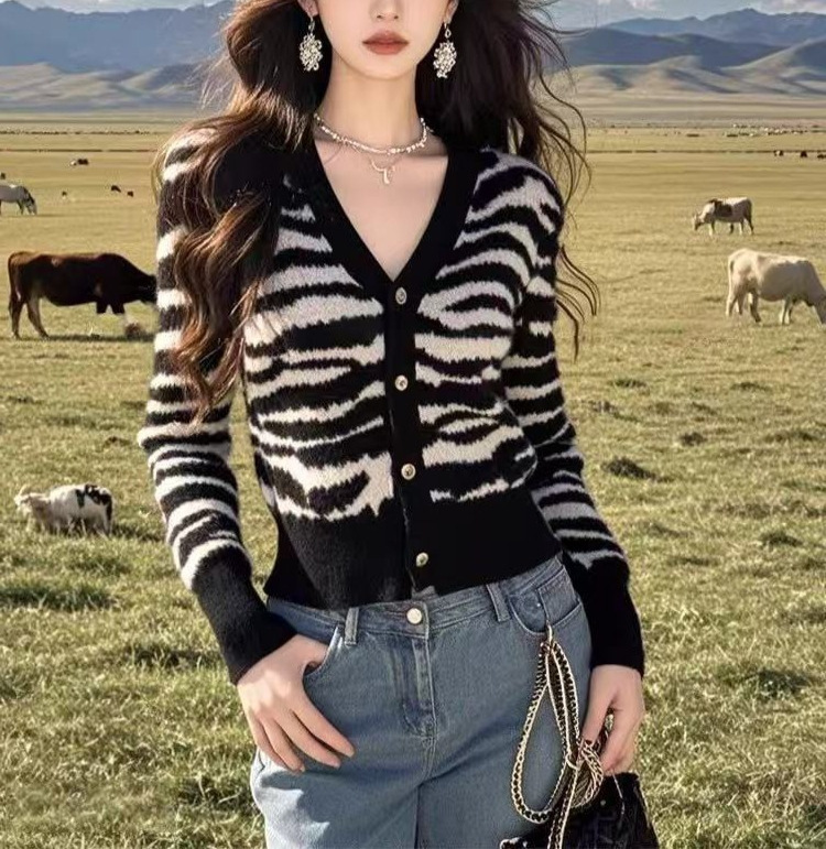 秋冬独特别致斑马纹v领毛衣针织开衫女设计感小众超好看短款上衣|undefined