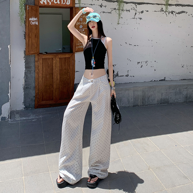 Tencel Ivory White Polka Dot Jeans for Women in Summer, Loose Low-Waisted Wide-Legged Versatile Slimming Look Draped Floor-Length Straight Pants