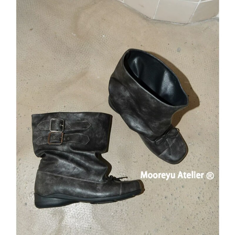 Moorey Cowhide Bow Short Boots Women's Ballet Style Retro Distressed Short Pleated Black Boots Women's Original