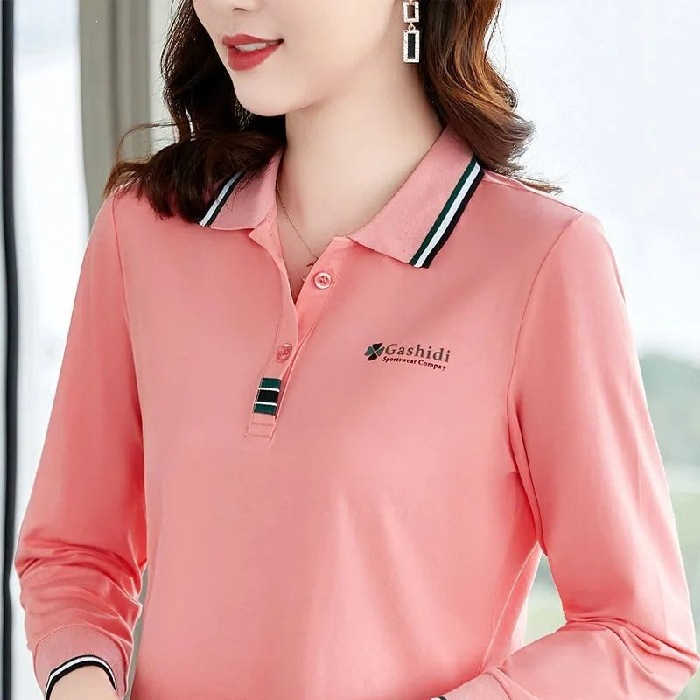 Spring and Autumn Long-Sleeved T-Shirts for Women, Polo Shirts with Lapels, Large Size Loose-Fitting Tops for Middle-Aged Mothers, Women's Collared Tops, Factory Direct