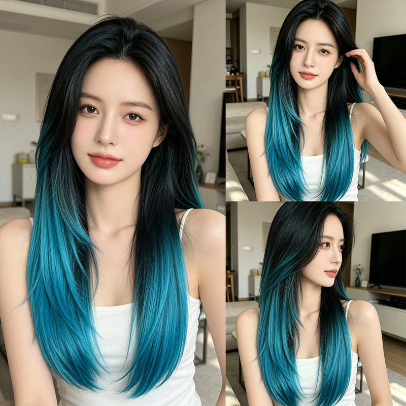 Cross-Border Hot-Selling Peacock Blue Gradient Center-Parted Wig for Women, 22-Inch New Style Long Hair Korean-Style Teal Full Wig Cross-Border Hot-Selling Peacock Blue Gradient Center-Parted Wig for Women, 22-Inch New Style Long Hair Korean-Style Teal Full Wig