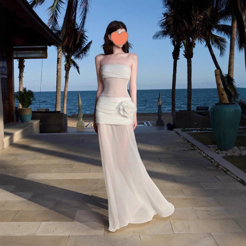 Seaside Holiday Style Perspective Mesh Fairy Tube dress Women's Design Sense Elegant Super Nice Spice Girl Long Skirt