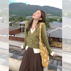 实拍 韩系假两件V领针织开衫上衣女2025秋季内搭打底衫感毛衣外套