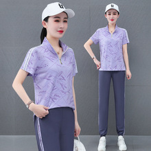 印花立领时尚休闲运动套装女夏季薄款短袖长裤中年妈妈撞色两件套
