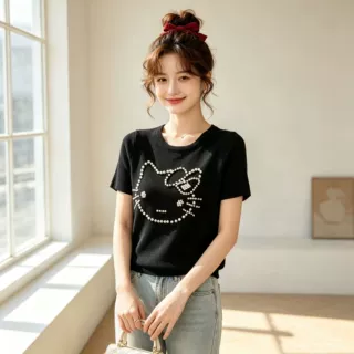 冰丝针织衫短袖女夏季美式辣妹珍珠kt猫圆领T恤女显瘦百搭上衣潮