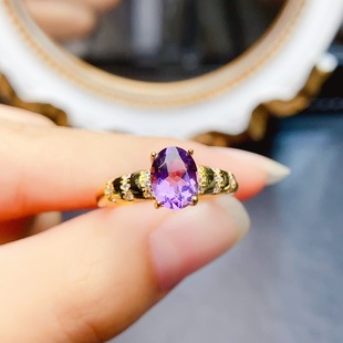 New natural amethyst ring S925 silver inlaid main stone 6*8mm Joker net red explosions women's jewelry wholesale