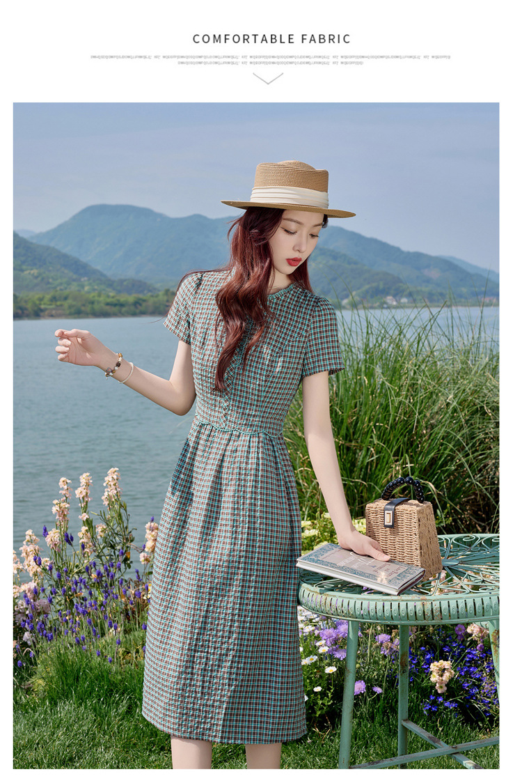 Đầm sơ mi kẻ caro cotton retro eo buộc dây dài trung bình — Màu sắc hình ảnh chi tiết 17