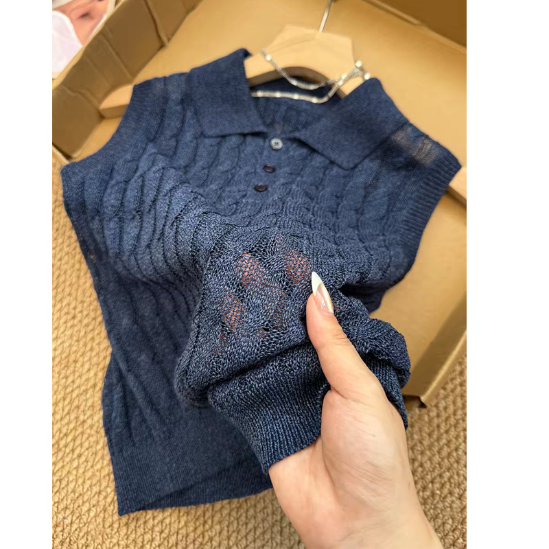 Original Product Recommendation! Old Money Style Vintage Polo Collar Cable Knit Sleeveless Sweater with Rolled Edges for Women