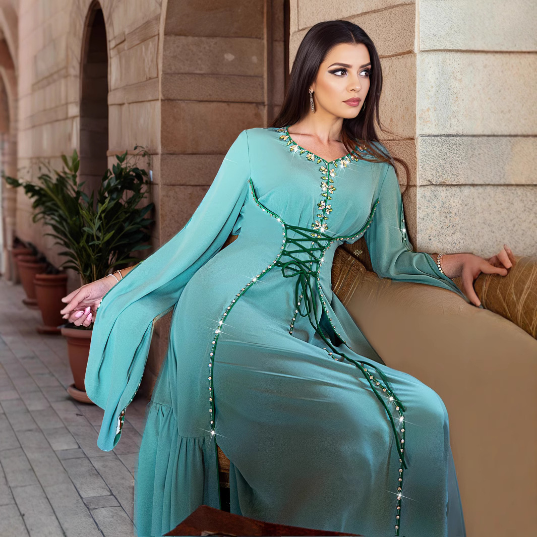 BA5039 Middle East Foreign Trade Dubai Clothing Muslim Fashion Robe Abaya With Rhinestones Women's Evening Dress_ecoleips.com