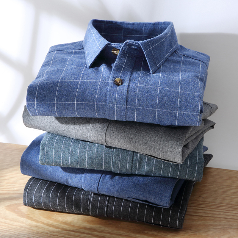 2025 Spring and Autumn New Brushed Shirt Men's Casual Flannel Striped Color Spinning Trendy Solid Color Cardigan Lapel Shirt