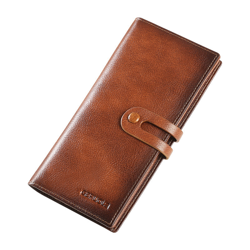 Cartera de cuero de capa larga para hombre, posición de múltiples tarjetas, bolso de embrague de cuero retro, billetera de cepillo antirrobo, hebilla de color