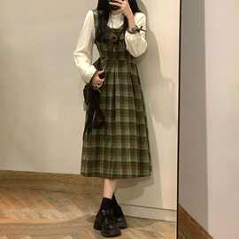 绿格森系复古假两件泡泡袖连衣裙收腰拼接显瘦长裙子女学生春秋季