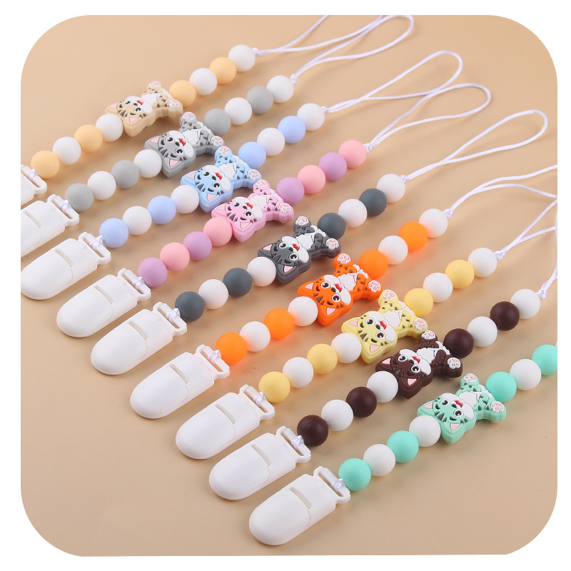 Amazon nuevo clip de pezón de plástico para bebés animados animales gatos calmar silicona bebé molar cadena de pezón