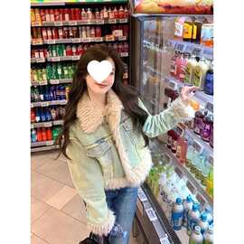 夹棉翻领毛毛拼接牛仔棉衣外套女小个子冬季加厚短款夹克棉服上衣