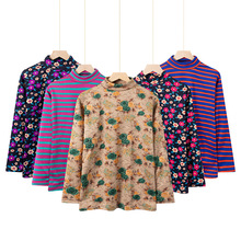 妈妈装条纹半高领秋冬长袖打底衫2025冬季黄毛绒碎花保暖上衣批发