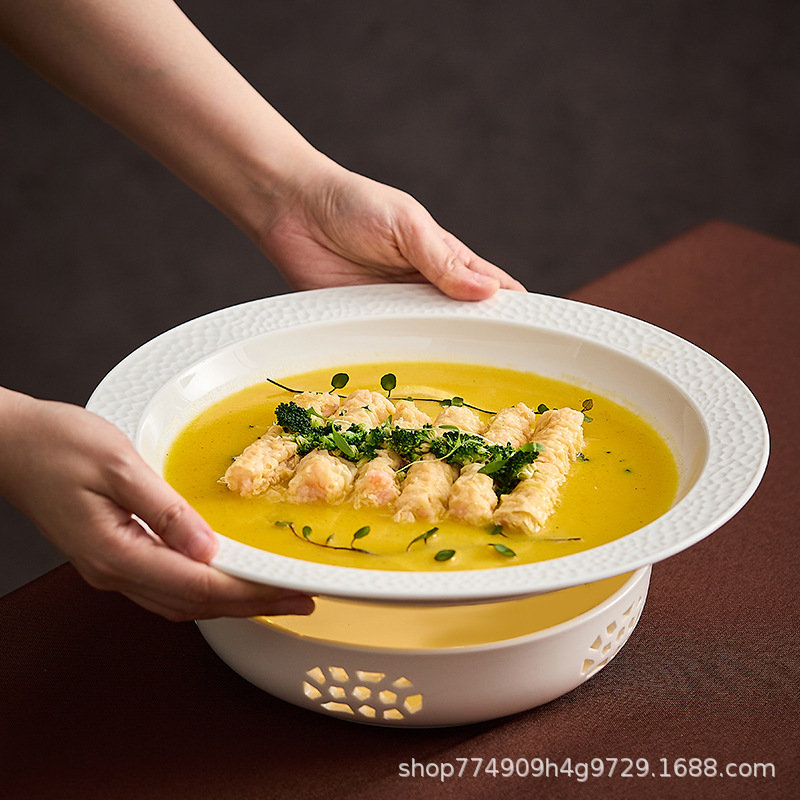 批发酒店中式锤纹白瓷汤盘热菜盘蜡烛保温加热盘炉高级感餐厅餐盘