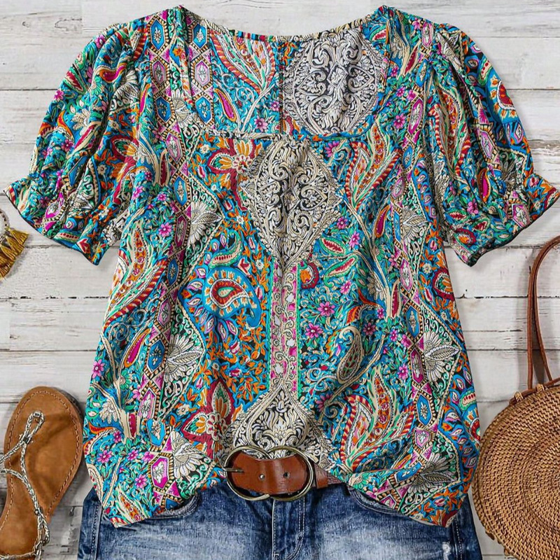 Cross-Border Amazon Women's Drop-Shoulder Short-Sleeve Western-Style Printed Loose Top, Stylish and Versatile for Commuting, Round Neck