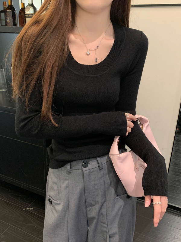 法式气质U领长袖针织衫女秋季修身显瘦内搭打底衫百搭ins套头上衣|undefined