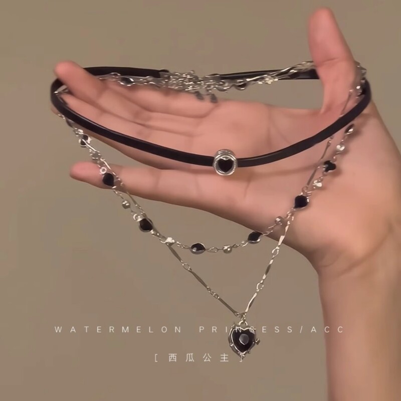Multi-Layer Stacked Necklace Women's Hot Girl Sweet Cool Black Leather Rope Chains Choker Necklace Chain