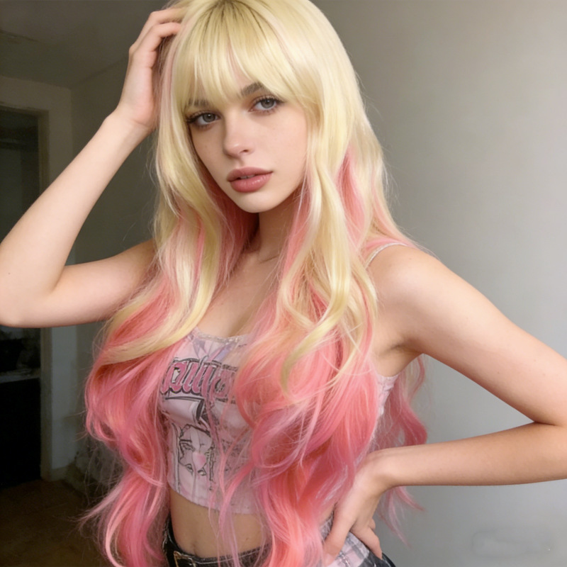 Cross-Border Off-White Gradient Pink Wig for Women, Long Hair, Big Waves, Long Curly Hair, Realistic Hair, Full Head Wig, Manufacturer in Stock Cross-Border Off-White Gradient Pink Wig for Women, Long Hair, Big Waves, Long Curly Hair, Realistic Hair, Full Head Wig, Manufacturer in Stock