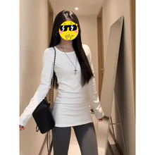 外贸清仓～尾货品牌白色正肩长袖T恤女打底衫遮屁股外穿修身上衣