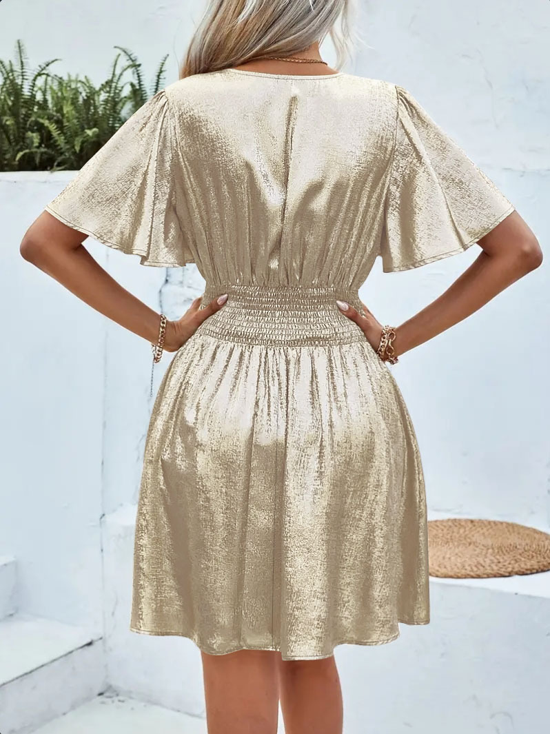 Metallic Solid Color V neck Ruffle Sleeve Smocking Dress 8 Metallic Solid Color V Neck Ruffle Sleeve Smocking Dress