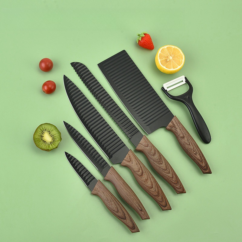 Venta directa de cuchillos de cocina traje cola de milano mango patrón de onda de seis piezas conjunto de cuchillos de cocina caja de color caja de regalo en stock