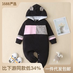 Infant Bodysuit 2024 Spring Cross-border Cute Animal Ears Hooded Splicing Pattern Leopard Baby Bodysuit