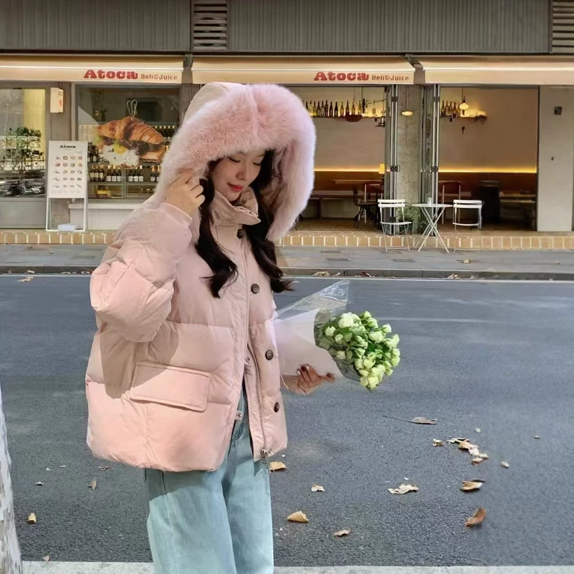 Зимняя белая утка с толстым пуховиком с меховым воротником 2024 Женская короткая корейская версия утолщенной съемной шапки