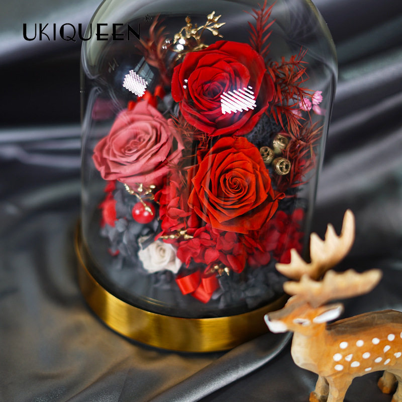 Base de oro rosa con cubierta de cristal para flor eterna, producto terminado, éxito de ventas transfronterizo en Amazon, decoración para el hogar, adorno de alta gama.