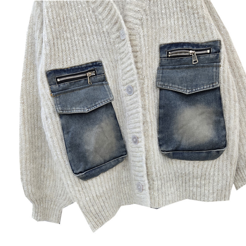 Europa y América industria pesada jeans empalme suéter mujeres 2025 otoño y invierno nuevo abrigo de punto de seda brillante image 4