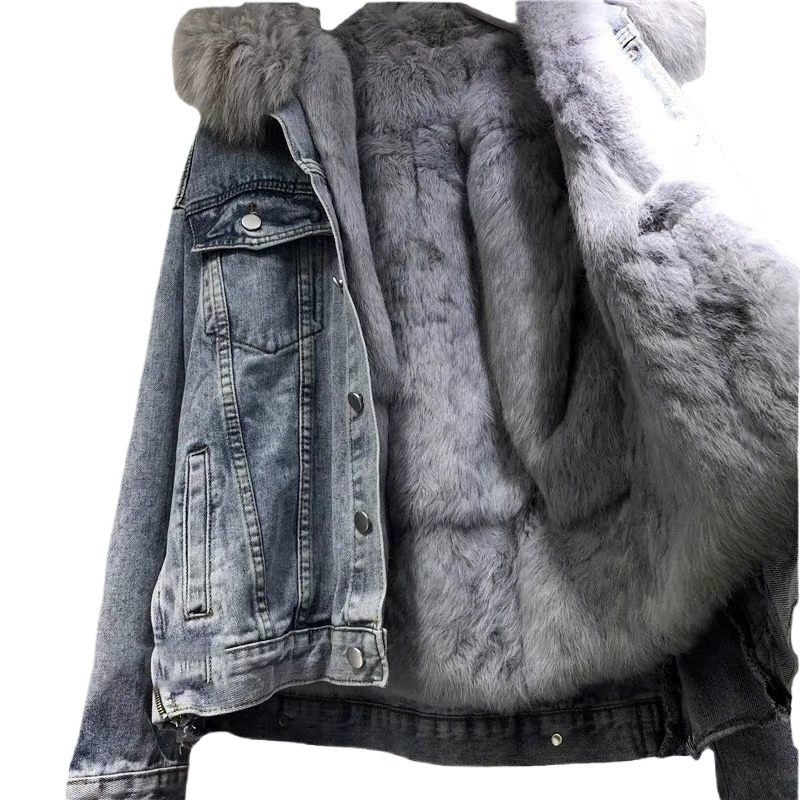 Denim short down jacket, oversize, warm padded coat with fur collar, summer style