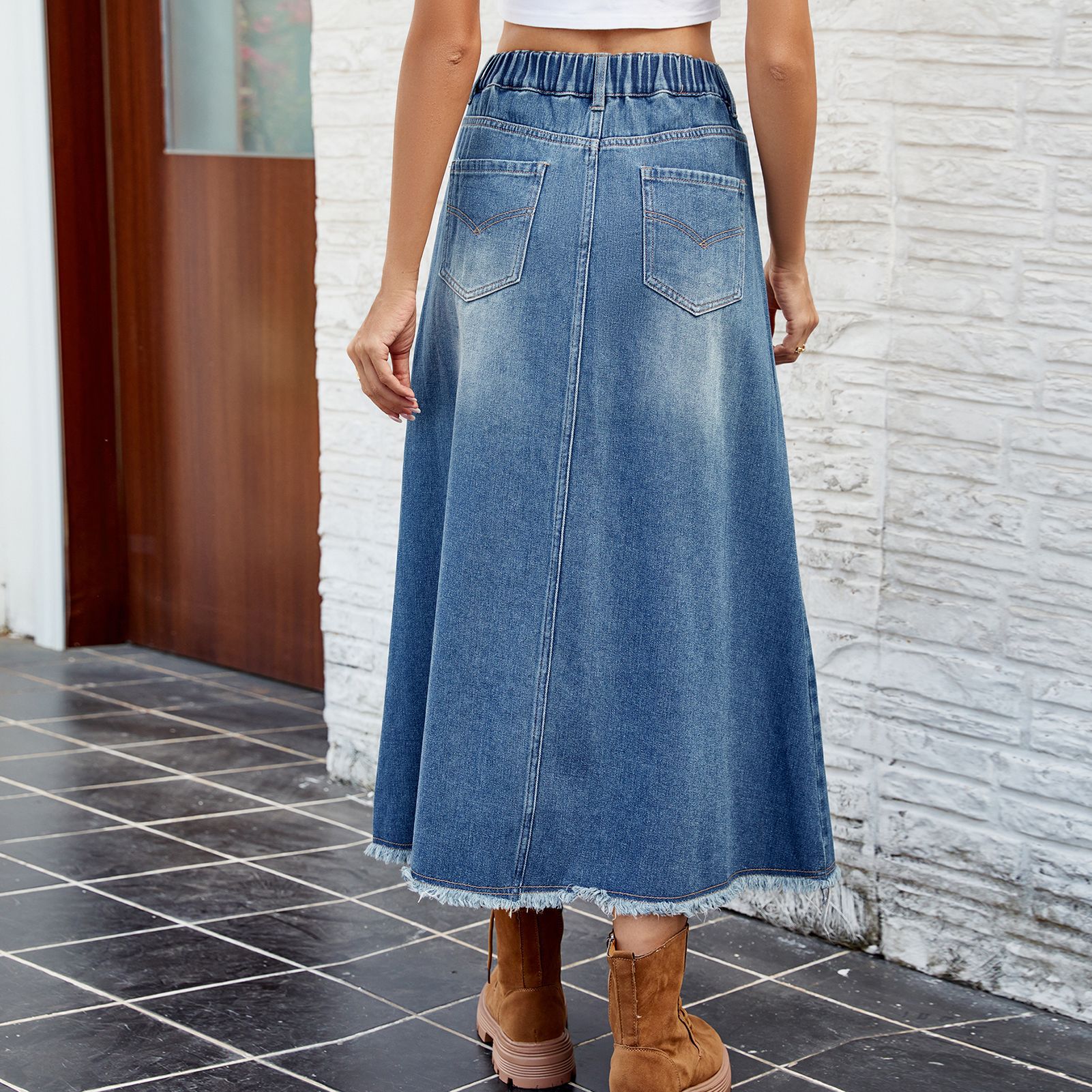 Women's Denim Skirt Raw Edge Mid Length Summer Spring Skirt_voghion.com