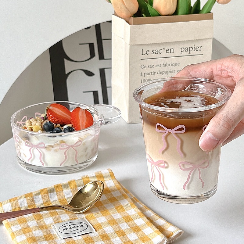 Dessert Cup Ins Style Bow Cup and Bowl Set Glass Cup Cold Brew Cup Girl Heart Salad Bowl Fruit Dessert Bowl