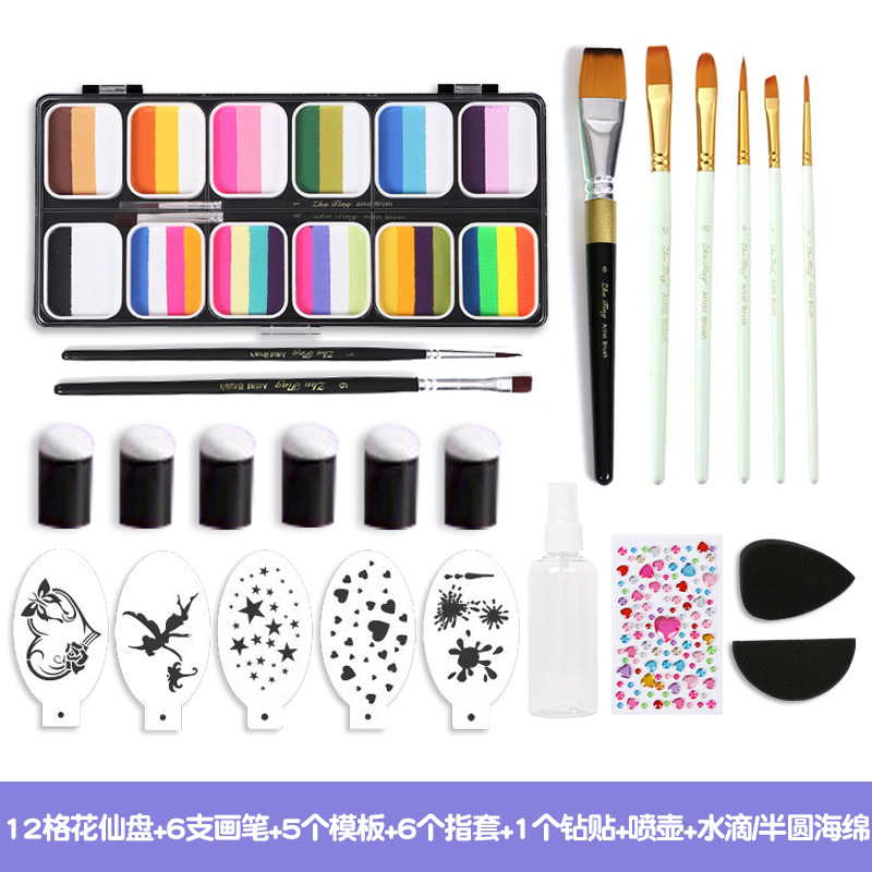 3012F-12 무지개 그림 플레이트 5 녹색 막대 브러쉬 5 흰색 템플릿 6 손가락 소매 2 드릴 1 급수 캔