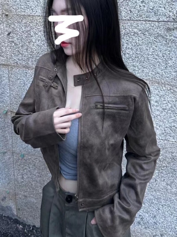 American Retro Zipper Cardigan Leather Short Jacket Versatile Slim Street Stand Collar Pu Leather Jacket Trendy