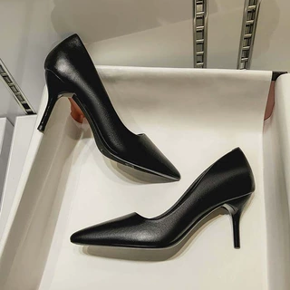 酒店工作鞋女黑色高跟鞋细跟职业装尖头低跟软皮小码舒适上班单鞋