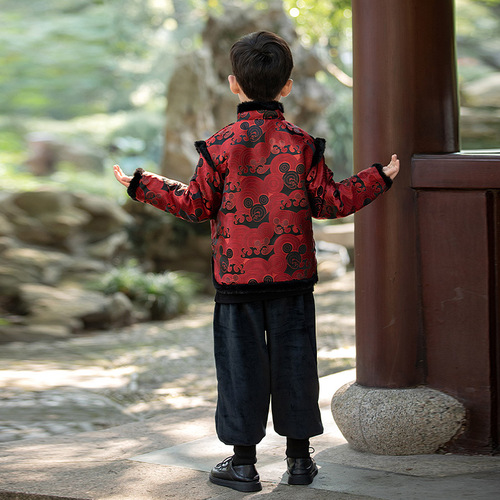 Children's New Year's greetings suit plus velvet Tang suit winter boy's Chinese style Hanfu two-piece set student costume performance suit with scarf