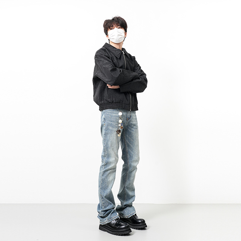 Men's Light Blue Distressed Flared Jeans High Street Loose Straight Fit Casual Cleanfit Style_voghion.com