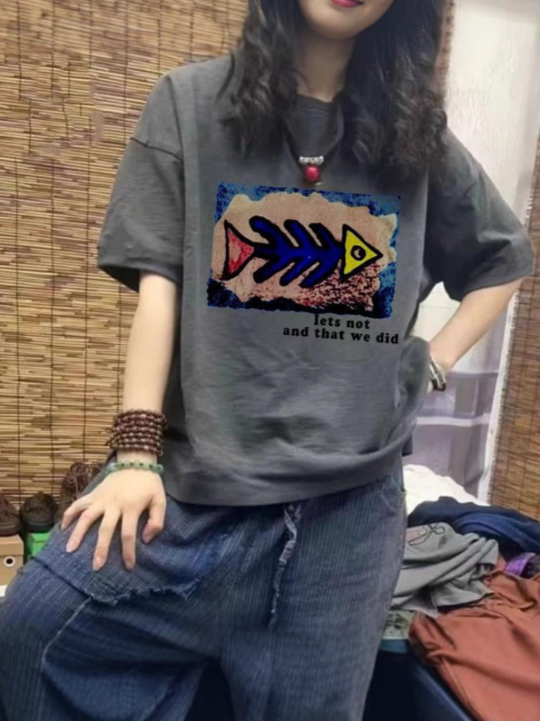 2025文芸プリントのシンプルなアニメtシャツ女性半袖夏の新型百合はゆったりしていて、着痩せしています。|undefined