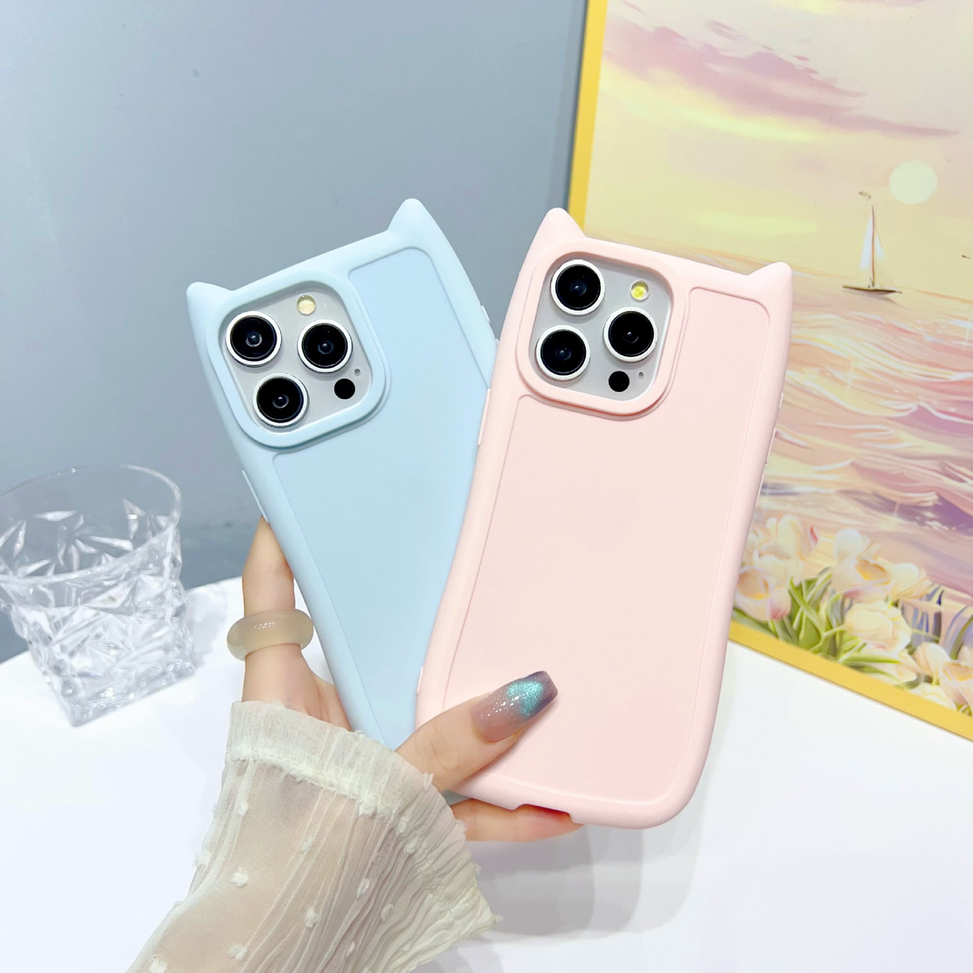 Matte Silicone Phone Case With Cat Ears For Iphone 16 Pro Max_voghion.com