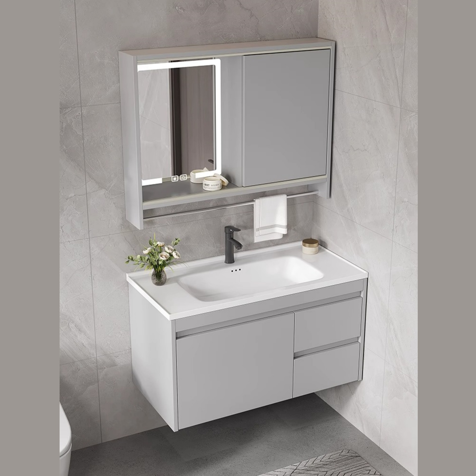 Push-pull oculto feng shui espejo de madera maciza gabinete de baño combinación de cerámica integrado lavabo de baño lavabo