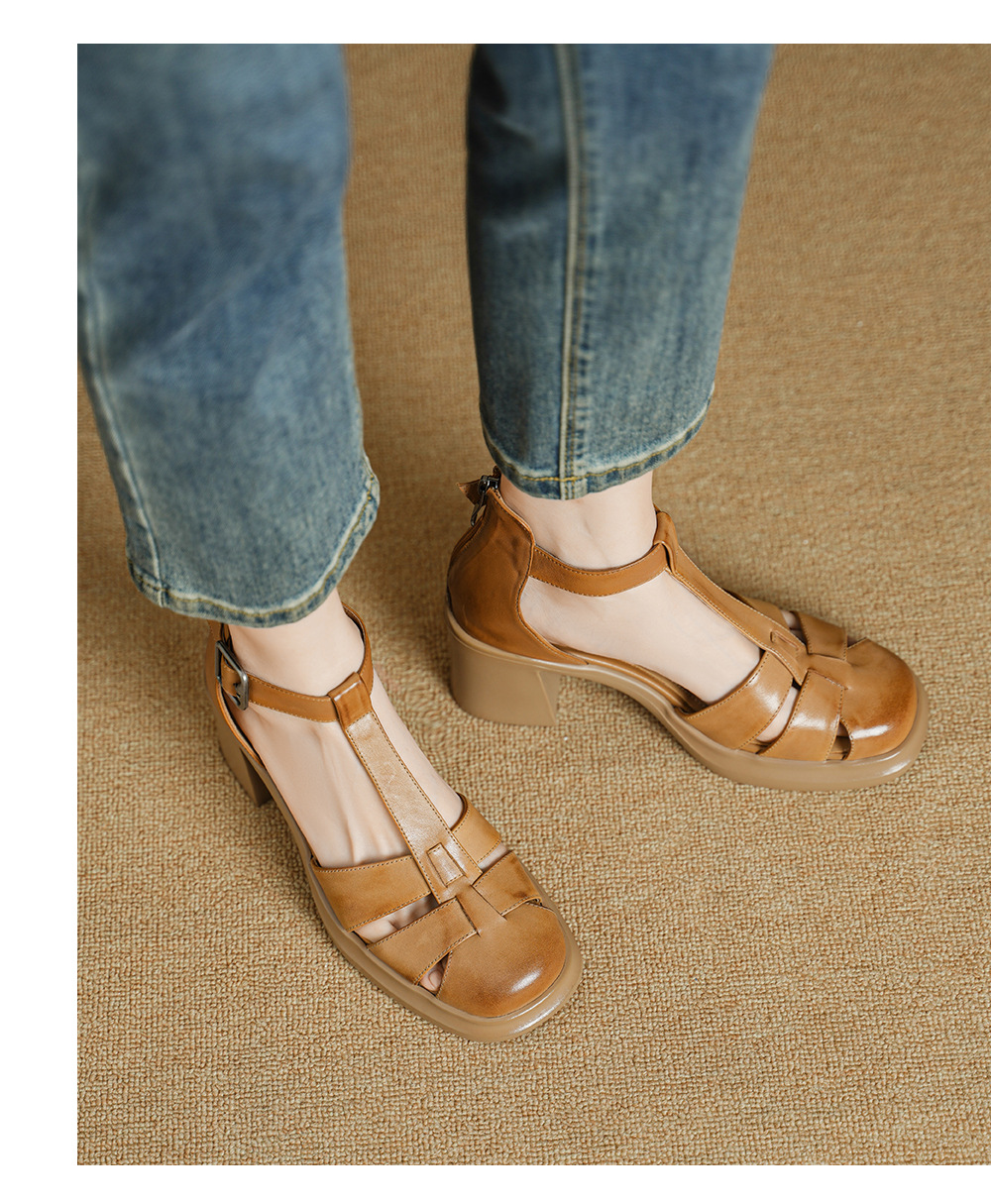 Sandal cao gót nữ phong cách La Mã, mũi kín gót kín, quai chữ T, gót 7.5 cm — màu trắng ngà chi tiết 8
