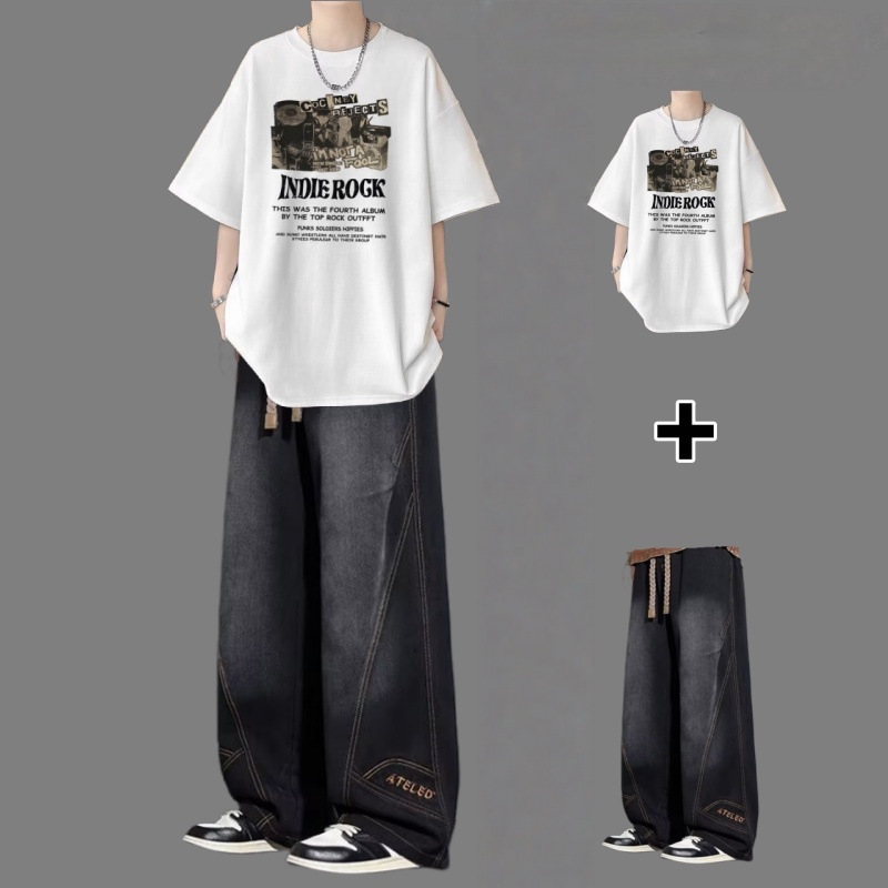 Short-Sleeved T-Shirt Set for Men, Summer Style for Teenagers, Cool Men's Outfit, Paired with High Street Jeans, Trendy Top Short-Sleeved T-Shirt Set for Men, Summer Style for Teenagers, Cool Men's Outfit, Paired with High Street Jeans, Trendy Top