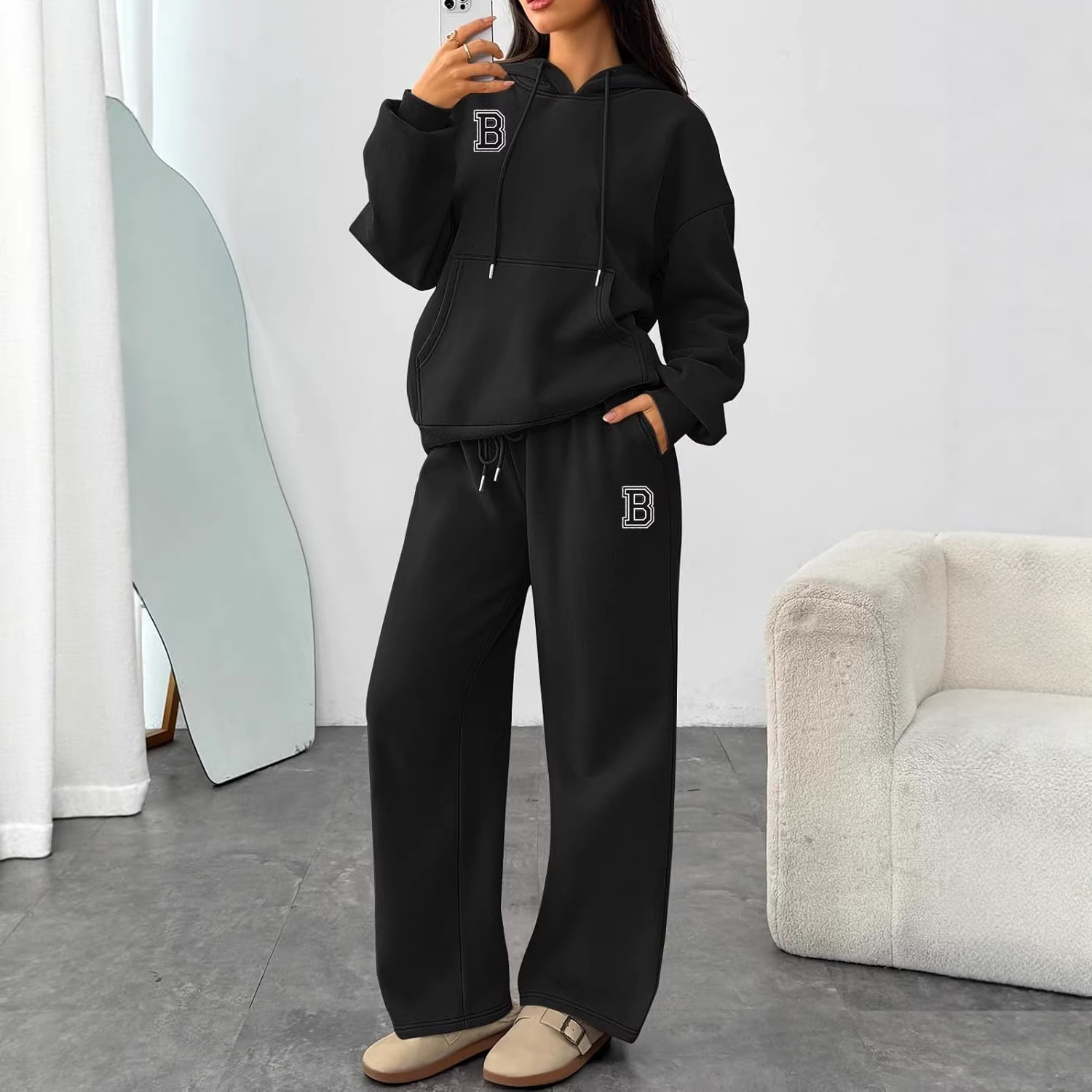 Letter Print Hoodie Sweatshirt Set Wide Leg Pants Straight Leg Pants Autumn Winter Hot Selling_ecoleips.com