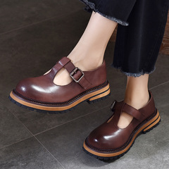 厚底圓頭單鞋女2024春款真皮丁字扣帶瑪麗珍鞋復古水洗全牛皮女鞋