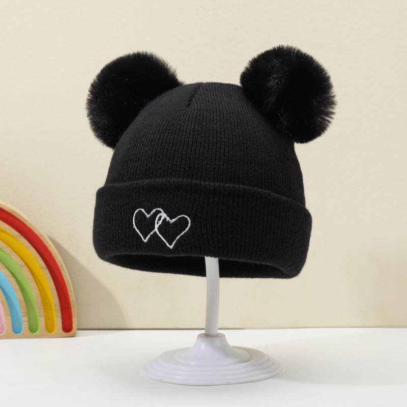 かわいいベビーニット帽、ダブルラブ刺繍、ダブルポンポンウール帽子、赤ちゃんの快適で肌に優しい暖かい防寒帽子|undefined