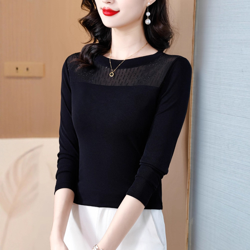 Black Lace Bottoming Shirt for Women Spring & Fall 2025 New Slim Fit Fashionable Style Inner Long-Sleeved T-Shirt Mesh Top