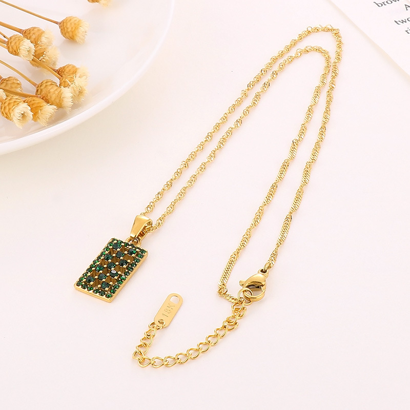 Rhinestones Inlay Material PVD Coated 18K Gold Plated Lattice Titanium Steel Waterproof Non Tarnish Pendant Necklace